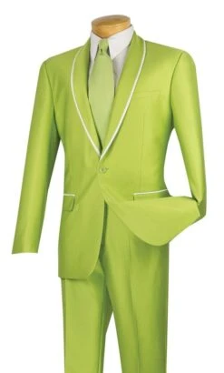 Vinci Men's Sharkskin Slim Fit Suit - Trimmed Shawl Lapel -Stylish Men's Formal Wear ssh 1 apple green 1