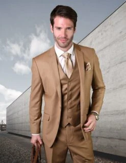 Statement Men's Outlet 100% Wool 3 Piece Suit - Solid Colors -Stylish Men's Formal Wear stzv 100 caramel 10 2