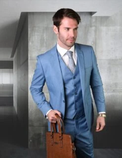 Statement Men's 100% Wool 3 Piece Suit - High Fashion -Stylish Men's Formal Wear stzv 100 steelblue