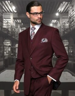 Statement Men's Outlet 100% Wool 3 Piece Suit - Solid Colors -Stylish Men's Formal Wear stzv 102xl burgundy 8