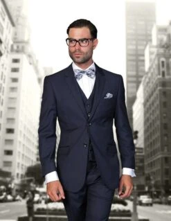 Statement Men's 100% Wool 3 Piece Suit - Extra Long Sizes -Stylish Men's Formal Wear stzv 102xl navy 2 24