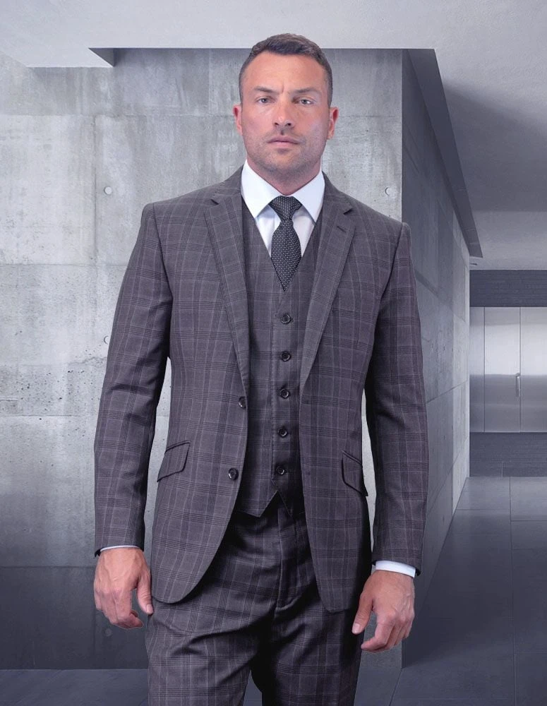 Statement Men's Big And Tall 3 Piece Suit - Sleek Plaid 3 Statement Men's Big And Tall 3 Piece Suit - Sleek Plaid