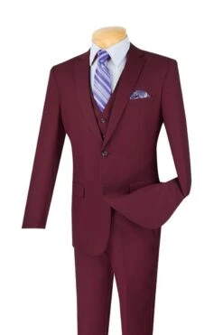 Vinci Men's 3 Piece Slim Fit Executive Style Suit - Flat Front Pants -Stylish Men's Formal Wear sv2900 burgundy