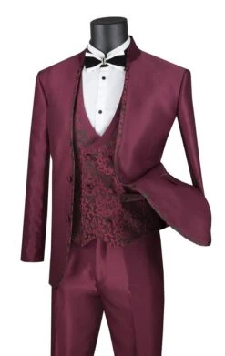 Vinci Men's 3 Piece Sharkskin Slim Fit Suit - Paisley Vest -Stylish Men's Formal Wear sv2ht 2 burgundy 1