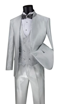 Vinci Men's 3 Piece Sharkskin Slim Fit Suit - Paisley Vest -Stylish Men's Formal Wear sv2ht 2 silver 1