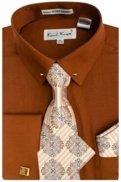 Karl Knox Men's French Cuff Shirt Set - Sharp Collar Bar -Stylish Men's Formal Wear sx4437 brown
