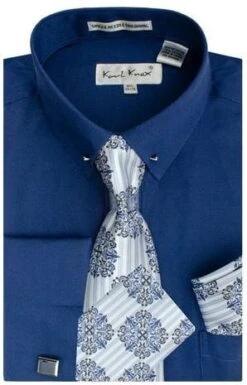 Karl Knox Men's French Cuff Shirt Set - Sharp Collar Bar -Stylish Men's Formal Wear sx4437 navy