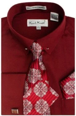 Karl Knox Men's French Cuff Shirt Set - Sharp Collar Bar -Stylish Men's Formal Wear sx4437 wine