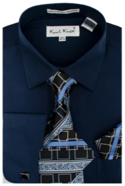 Karl Knox Men's French Cuff Shirt Set - Layered Cubic Design -Stylish Men's Formal Wear sx4451 navy