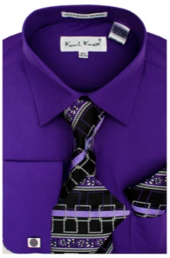 Karl Knox Men's French Cuff Shirt Set - Layered Cubic Design -Stylish Men's Formal Wear sx4451 purple