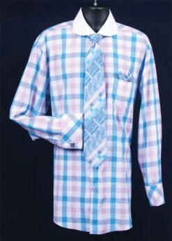 Daniel Ellissa Men's French Cuff Dress Shirt Set - Bright Checker -Stylish Men's Formal Wear turquiosefull
