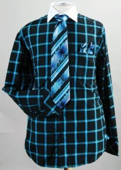 Fratello Men's French Cuff Dress Shirt Set - Dramatic Windowpane -Stylish Men's Formal Wear turquoise 16