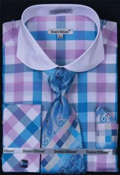Daniel Ellissa Men's French Cuff Dress Shirt Set - Bright Checker -Stylish Men's Formal Wear turquoise 2 1