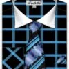 Fratello Men's French Cuff Dress Shirt Set - Dramatic Windowpane -Stylish Men's Formal Wear turquoise 4