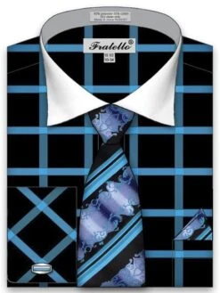 Fratello Men's French Cuff Dress Shirt Set - Dramatic Windowpane
