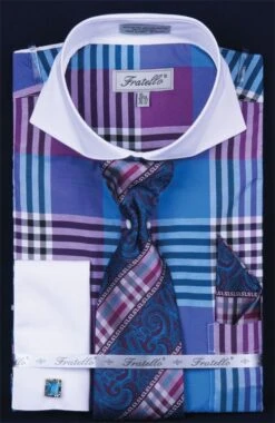 Fratello Men's French Cuff Dress Shirt Set - Colorful Multi Checker -Stylish Men's Formal Wear turquoise 5