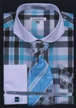 Daniel Ellissa Men's French Cuff Dress Shirt Set - Multi Checker -Stylish Men's Formal Wear turquoise 6 1