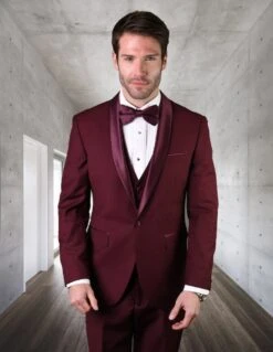 Statement Men's 3 Piece 100% Wool Tuxedo - Bold Colors -Stylish Men's Formal Wear tux sh burgundy 3