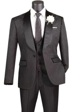 Vinci Men's 3 Piece Wool Feel Slim Fit Tuxedo - Jacquard Fabric