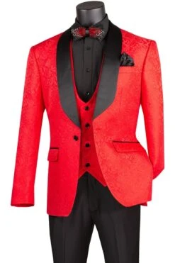 Vinci Men's 3 Piece Wool Feel Slim Fit Tuxedo - Jacquard Fabric 10 Vinci Men's 3 Piece Wool Feel Slim Fit Tuxedo - Jacquard Fabric -Stylish Men's Formal Wear tvsj 1 red