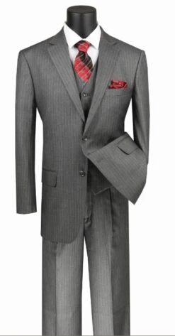 Vinci Men's 3 Piece Wool Feel Executive Suit - Pinstripe -Stylish Men's Formal Wear v2rs 7 med grey