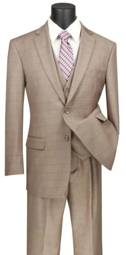Vinci Men's 3 Piece Wool Feel Executive Suit - Windowpane -Stylish Men's Formal Wear v2rw 15 tan copy
