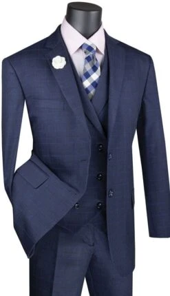 Vinci Men's 3 Piece Wool Feel Classic Suit - Double Breasted Vest -Stylish Men's Formal Wear v2rw13navy