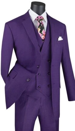 Vinci Men's 3 Piece Wool Feel Classic Suit - Double Breasted Vest -Stylish Men's Formal Wear v2rw13purple