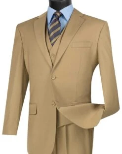 Vinci Men's 3 Piece Wool Feel Classic Suit - Extra Long Sizes -Stylish Men's Formal Wear v2tr khaki 1