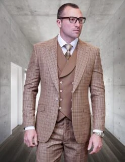 Statement Men's 3 Piece 100% Wool Fashion Suit - Fine Line Plaid -Stylish Men's Formal Wear vitton bronze