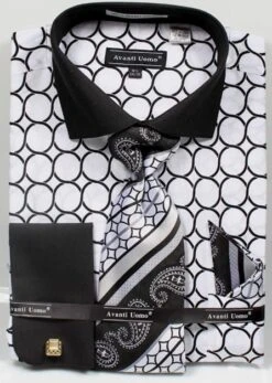 Avanti Uomo Men's French Cuff Dress Shirt Set - Printed Pattern -Stylish Men's Formal Wear white 68