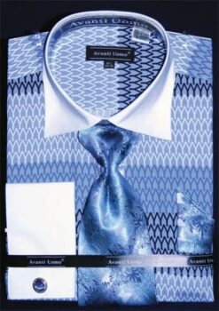 Avanti Uomo Men's French Cuff Dress Shirt Set - Two Tone Print 19 Avanti Uomo Men's French Cuff Dress Shirt Set - Two Tone Print -Stylish Men's Formal Wear white blue 1