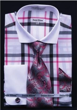 Daniel Ellissa French Cuff Shirt Set - Tonal Windowpane -Stylish Men's Formal Wear white fuchsia