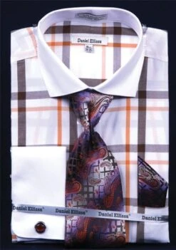 Daniel Ellissa French Cuff Shirt Set - Tonal Windowpane -Stylish Men's Formal Wear white orange 1