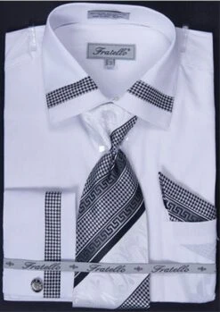 Fratello Men's French Cuff Dress Shirt Set - Houndstooth Patch -Stylish Men's Formal Wear white 1 17 1