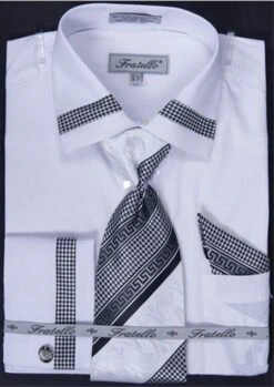 Fratello Men's French Cuff Dress Shirt Set - Houndstooth Patch -Stylish Men's Formal Wear white 1 17