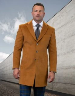 Statement Men's Outlet 3/4 Length 100% Wool Top Coat - Single Breasted -Stylish Men's Formal Wear wj 100 copper 11