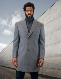 Statement Men's 3/4 Length 100% Wool Top Coat - Single Breasted -Stylish Men's Formal Wear wj 100 gray