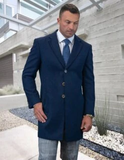 Statement Men's 3/4 Length 100% Wool Top Coat - Single Breasted -Stylish Men's Formal Wear wj 100 navy