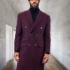 Statement Men's Full Length 100% Wool Top Coat - Double Breasted -Stylish Men's Formal Wear wj 101 burgundy