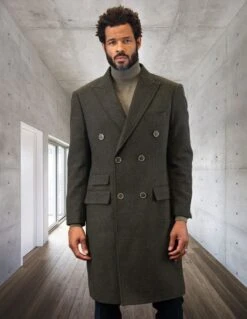 Statement Men's Full Length 100% Wool Top Coat - Double Breasted -Stylish Men's Formal Wear wj 101 olive