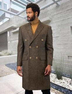Statement Men's Full Length 100% Wool Top Coat - Double Breasted -Stylish Men's Formal Wear wj 101 tan