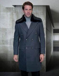 Statement Men's 3/4 Length 100% Wool Top Coat - Double Breasted -Stylish Men's Formal Wear wj 102 charcoal