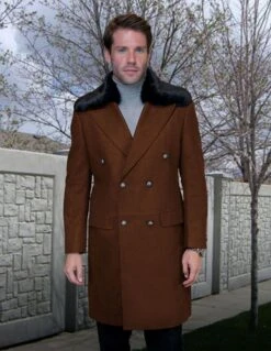 Statement Men's 3/4 Length 100% Wool Top Coat - Double Breasted -Stylish Men's Formal Wear wj 102 copper