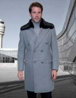 Statement Men's 3/4 Length 100% Wool Top Coat - Double Breasted -Stylish Men's Formal Wear wj 102 gray
