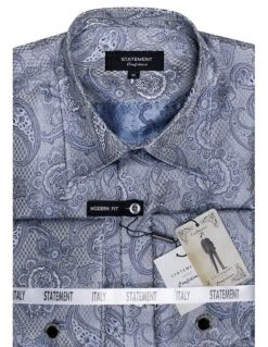 Statement Men's Long Sleeve Woven Shirt - Paisley Pattern 20 Statement Men's Long Sleeve Woven Shirt - Paisley Pattern -Stylish Men's Formal Wear ws 102 grey blue