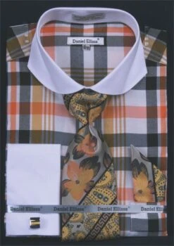 Daniel Ellissa Men's French Cuff Dress Shirt Set - Multi Checker -Stylish Men's Formal Wear yellow