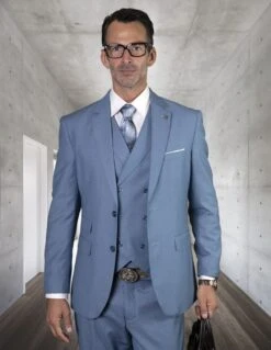 Statement Men's Outlet 100% Wool 3 Piece Suit - Bold Solid Colors 16 Statement Men's Outlet 100% Wool 3 Piece Suit - Bold Solid Colors -Stylish Men's Formal Wear zargala steelblue 29